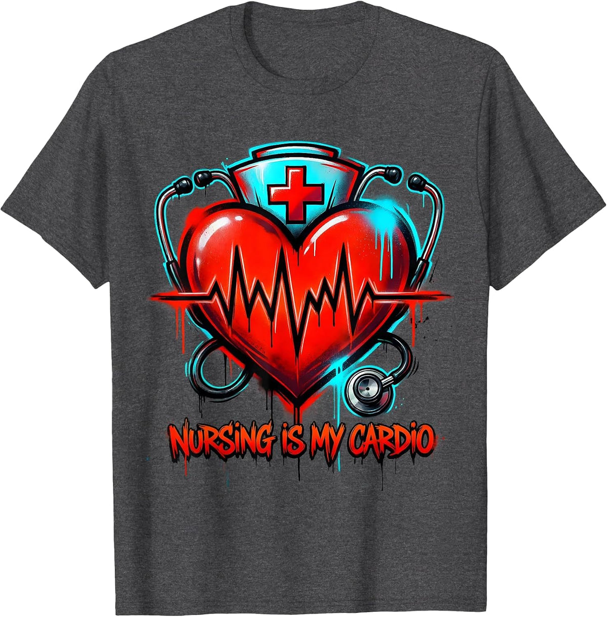 Men's Nursing Is My Cardio Funny Nurse Design T-Shirt - Dark Heather Grey