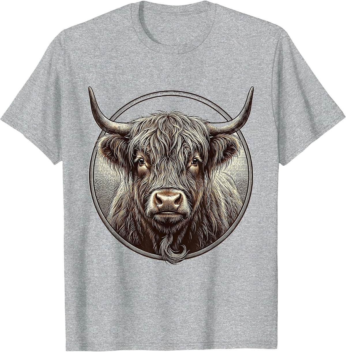 Men's Highland Cow Bust Novelty Humor Animal Lover Mascot T-Shirt - Heather Grey