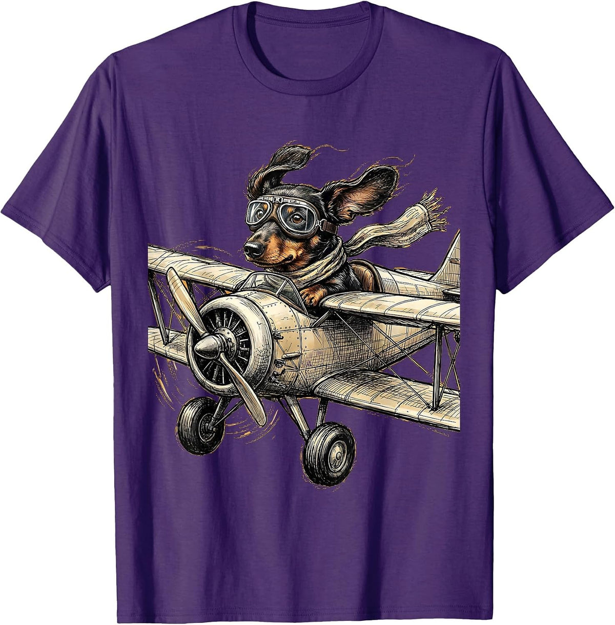 Dachshund Vintage Biplane Pilot Graphic Tee T-Shirt - Purple