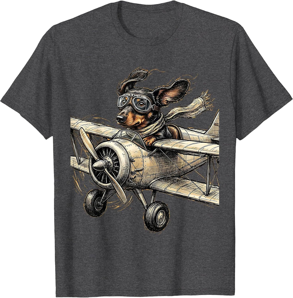 Dachshund Vintage Biplane Pilot Graphic Tee T-Shirt - Dark Heather Grey
