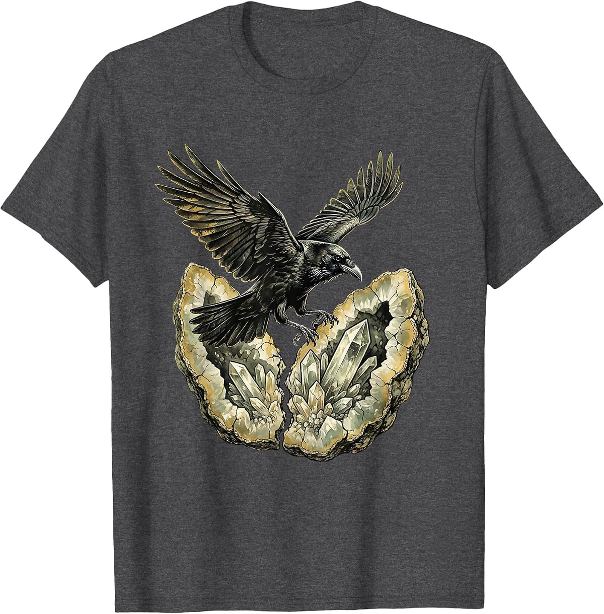 Men's Crow Landing on Cracked Geode Illustration T-Shirt - Dark Heather Grey