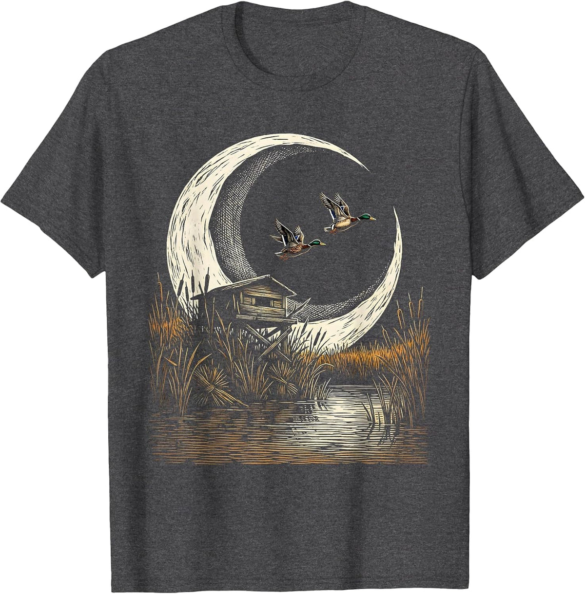 Men's Crescent Moon Duck Blind Silhouette Hunting Design T-Shirt - Dark Heather Grey