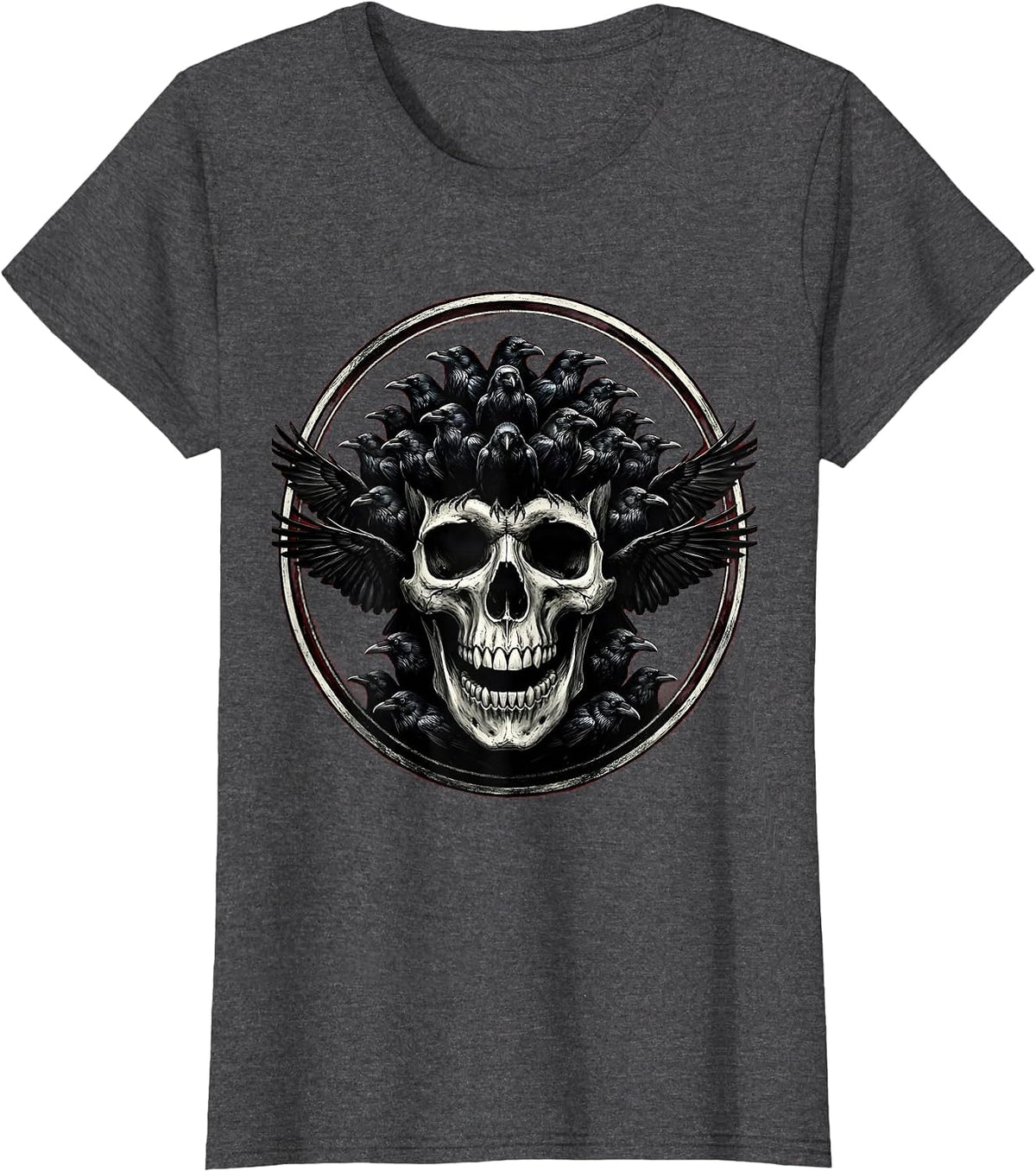 Women's Flock of Crows Skull Illusion Dark Art Design T-Shirt - Dark Heather Grey