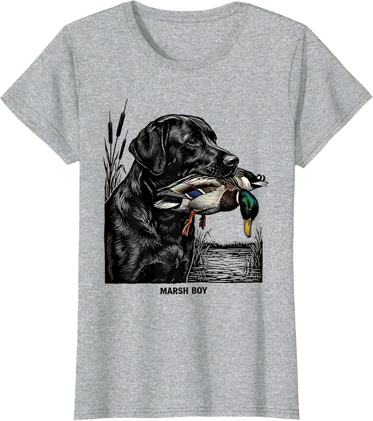 Marsh Boy Linocut Black Lab Duck Hunting Southern Pride T-Shirt - Heather Grey