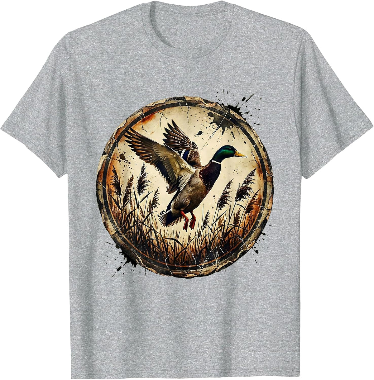Men's Duck Taking Flight Over Marsh Reeds Illustration T-Shirt - Heather Grey