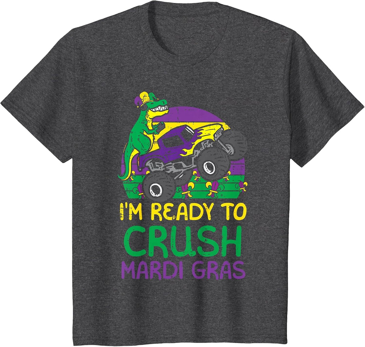 Kids Crush Mardi Gras Dino Monster Truck Funny Toddler Boys Kids T-Shirt - Dark Heather Grey