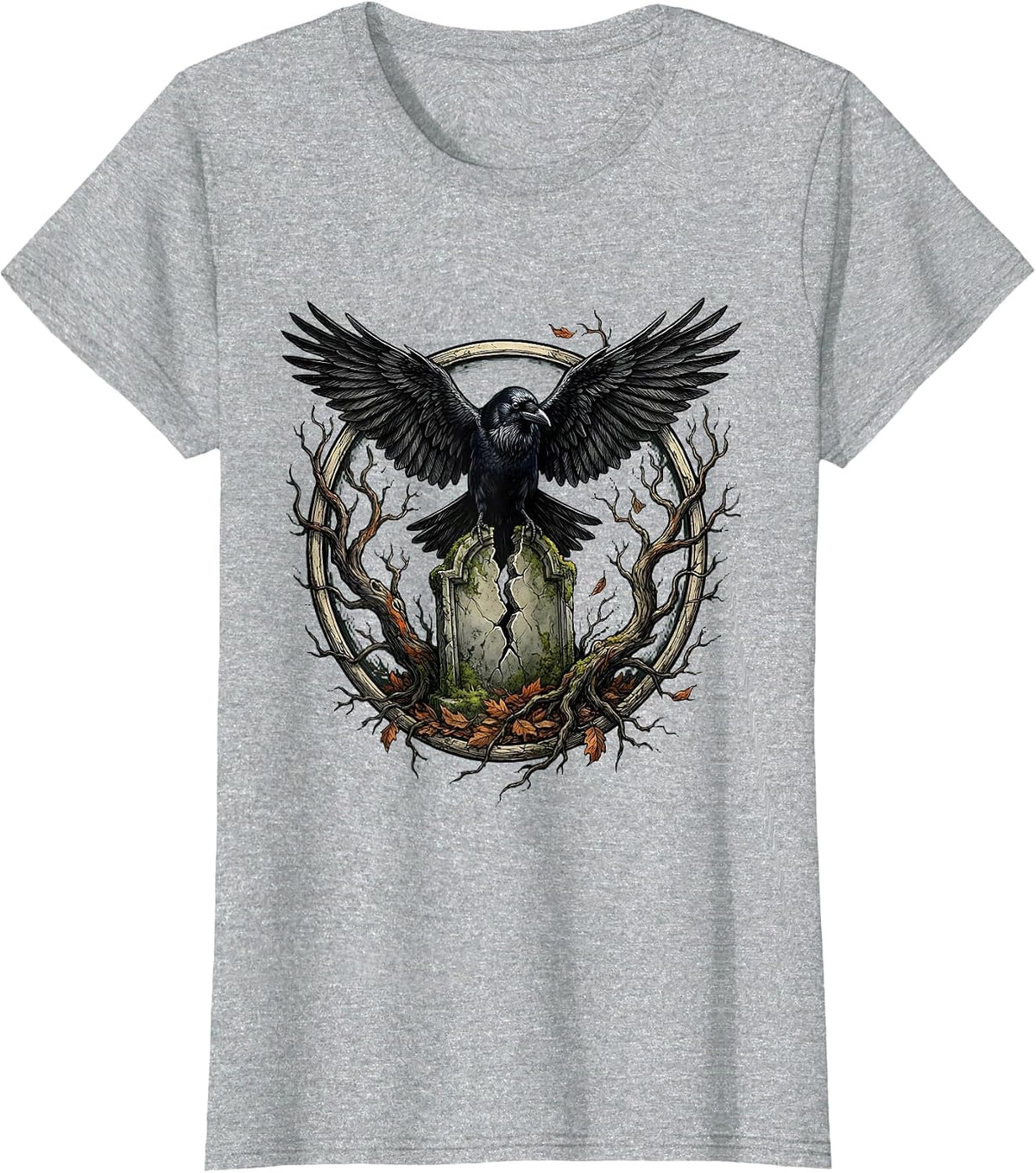 Crow on Broken Gravestone Gothic Horror Design T-Shirt - Heather Grey