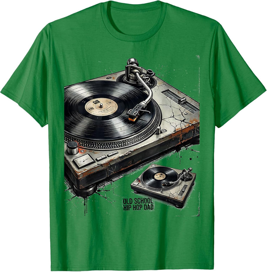 Men's Old School Hip Hop Dad Distressed Retro DJ Turntable T-Shirt - Kelly Green