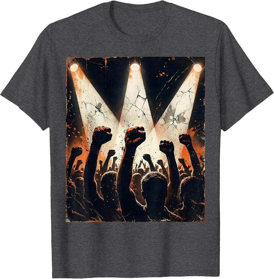 Men's 80s Band Raised Fists Stage Lights Concert Art T-Shirt - Dark Heather Grey