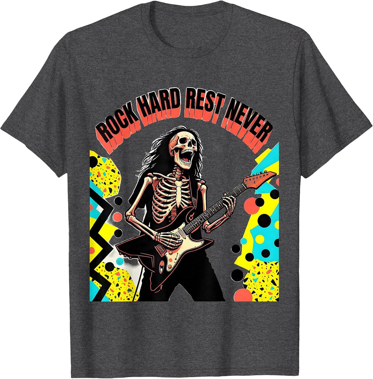 Skeleton Rock Band Rock Hard Rest Never Design T-Shirt - Dark Heather Grey