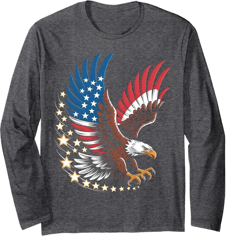 Bald Eagle Patriotic American Flag 4th of July Long Sleeve T-Shirt - Adult Unisex Dark Heather Grey