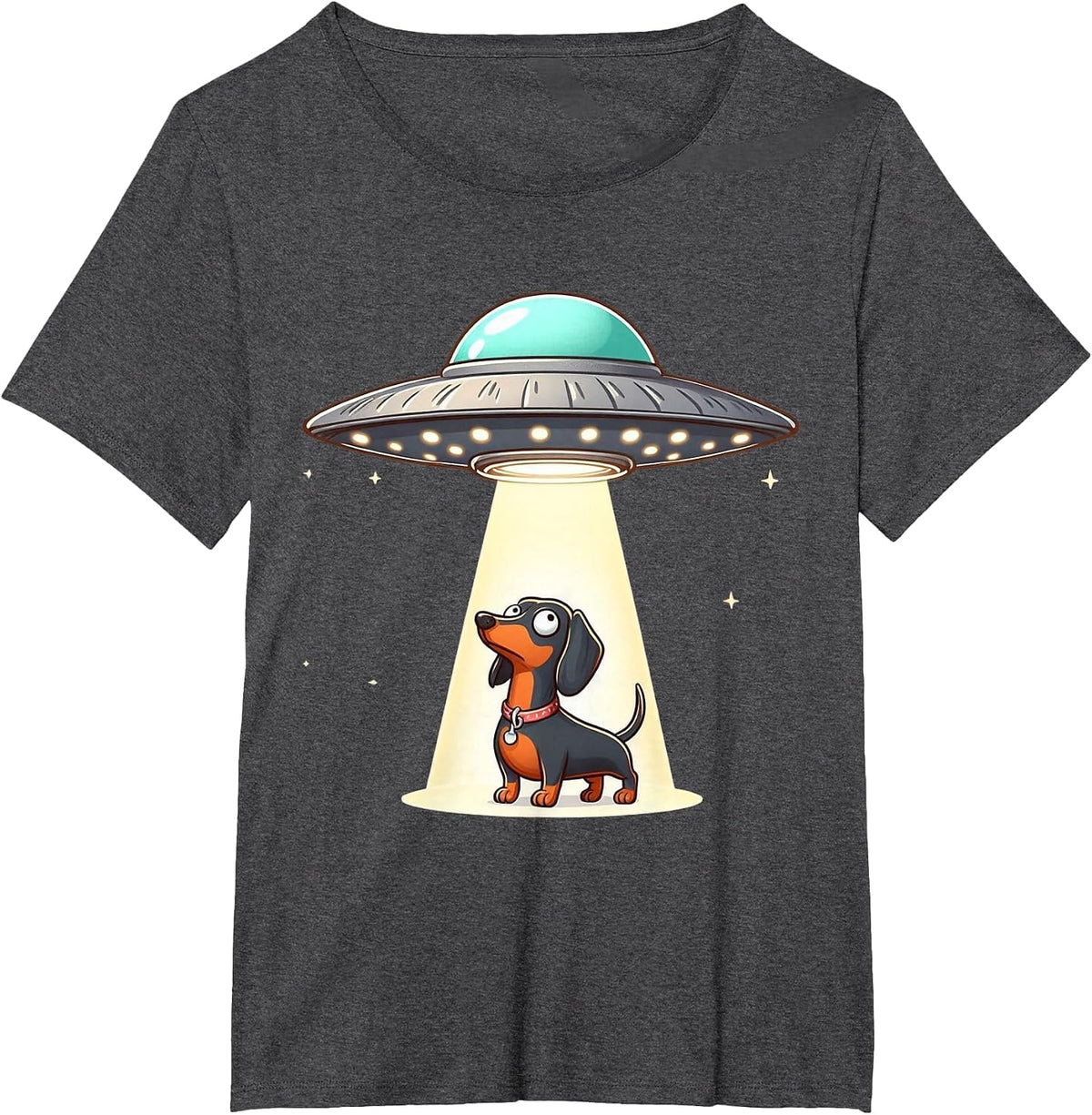 Dachshund Alien UFO Men Women Kids Boys Girls Teens T-Shirt - Dark Heather Grey