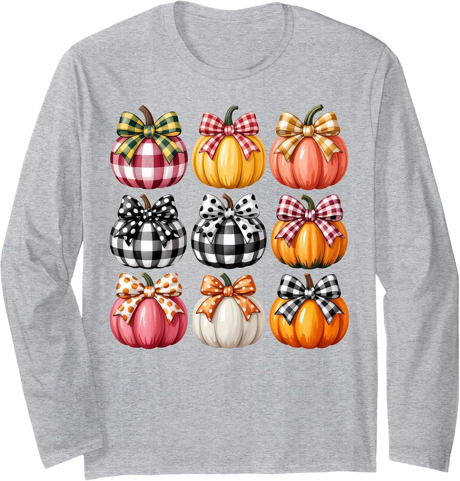 Coquette Bow Pumpkin Season Thanksgiving Autumn Fall Leaves Long Sleeve T-Shirt - Adult Unisex Heather Grey