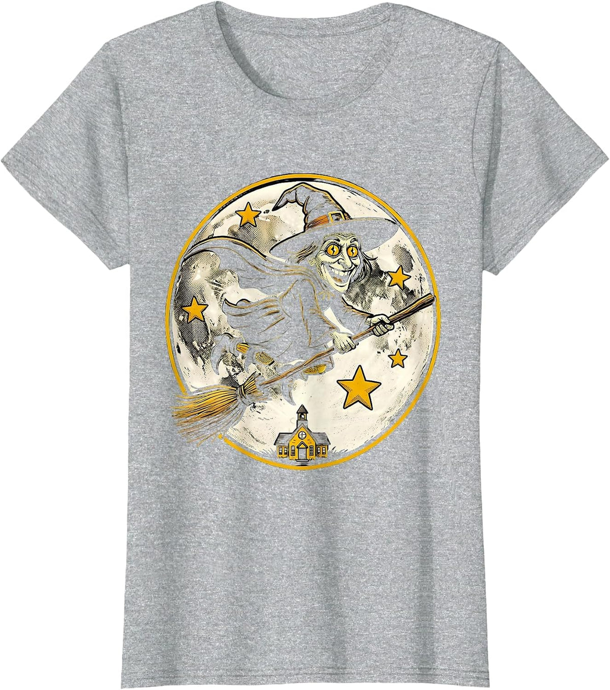 Halloween Teacher Witch Flying Over Schoolhouse T-Shirt - Heather Grey