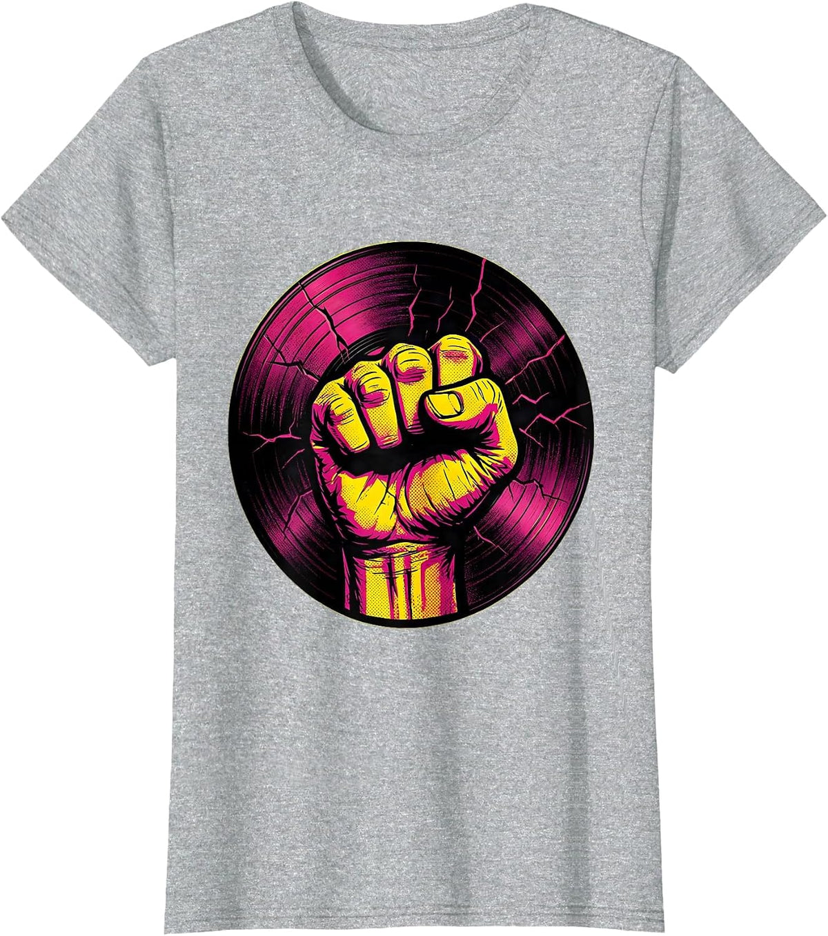 90s Rock Fist Cracked Vinyl Record Graphic T-Shirt - Heather Grey