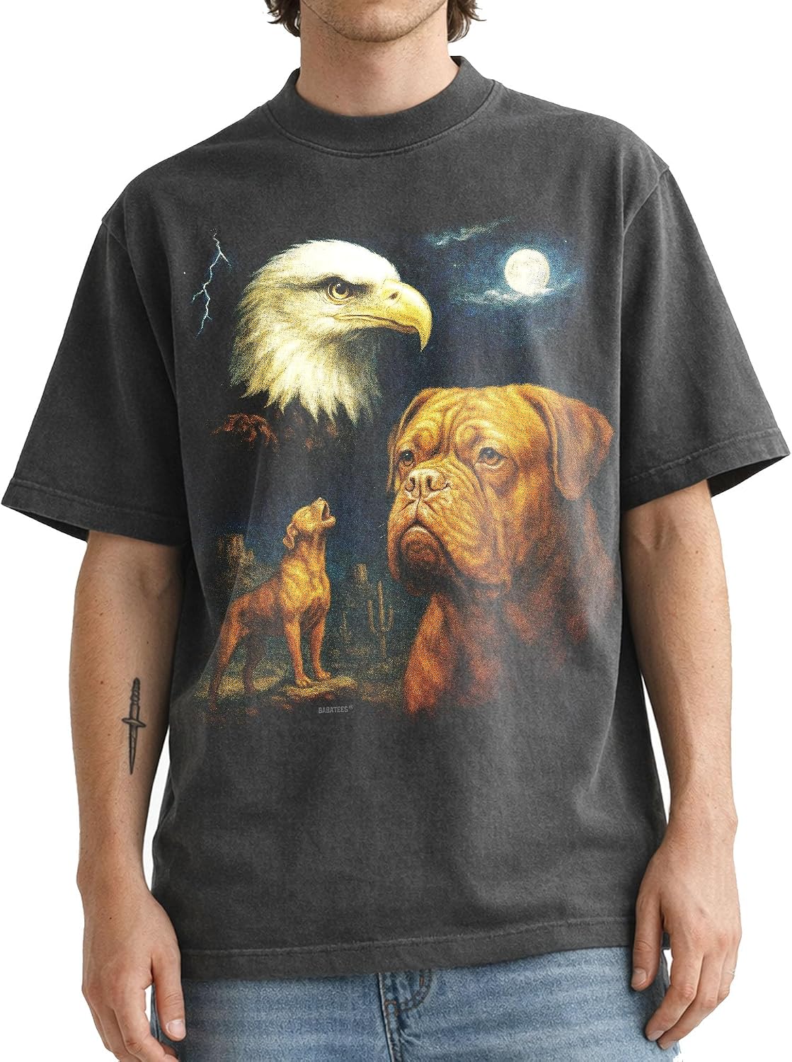 Shaka Wear Dog & Bald Eagle Thunder Tshirt - Faded Max-Heavyweight 7.5oz Oversized & Boxy - Dogue De Bordeaux