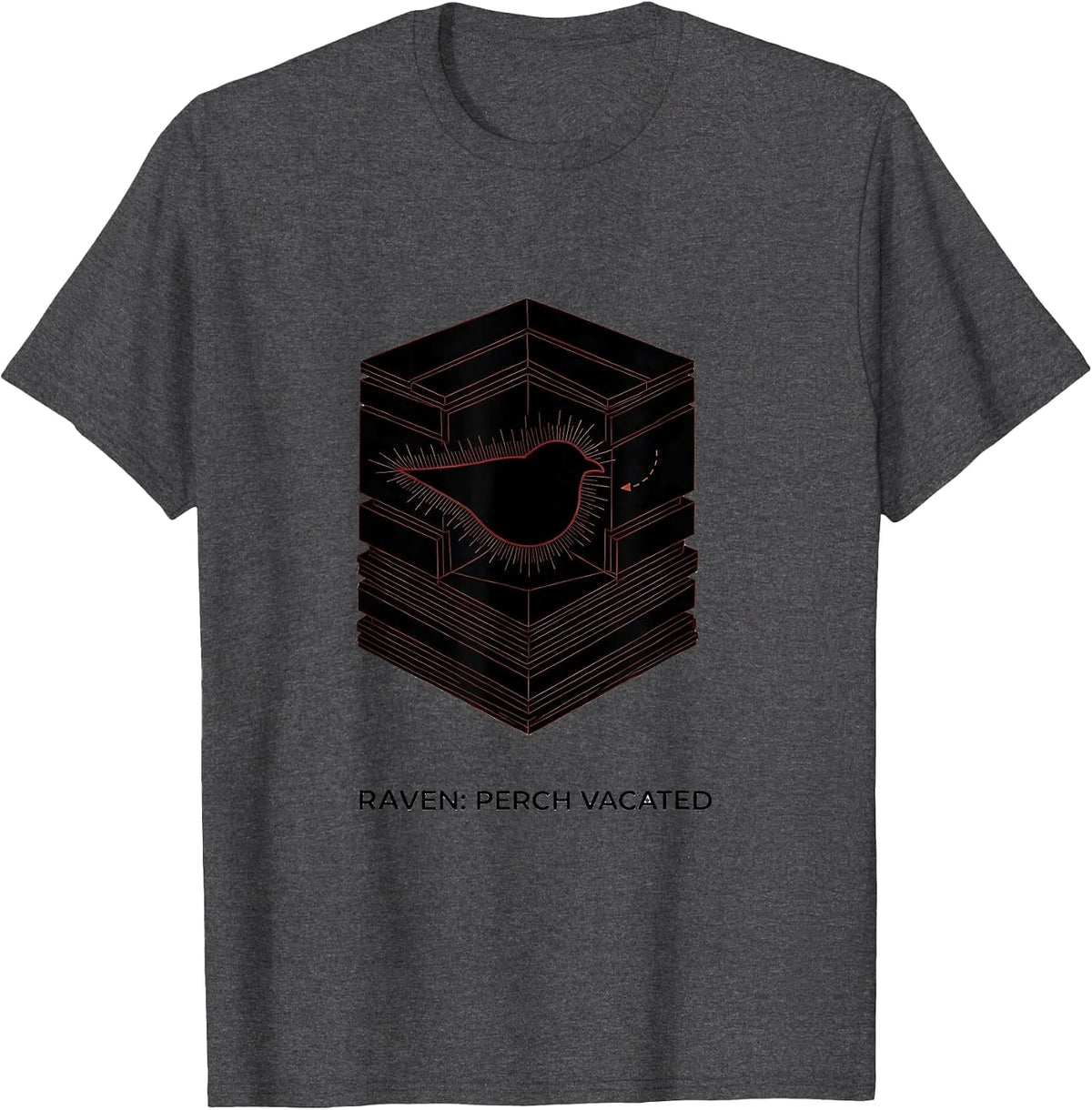 Men's Raven Perch Vacated Geometric Edgar Allan Poe Literary Humor T-Shirt - Dark Heather Grey