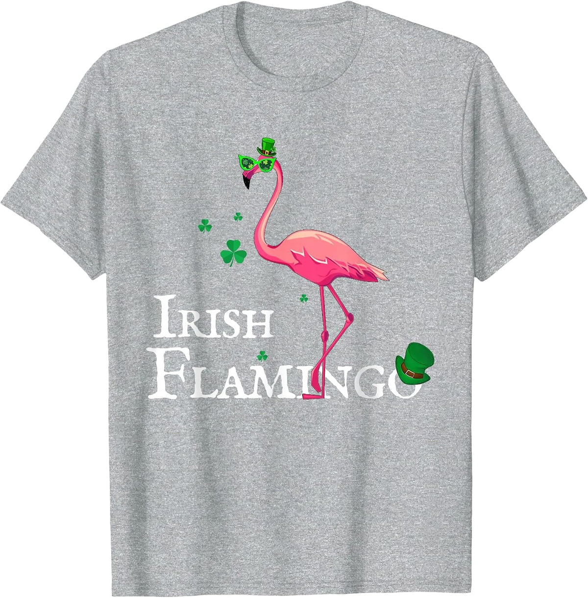 Funky Irish Pink Flamingo Green Bird St Pattys Day T-Shirt - Heather Grey