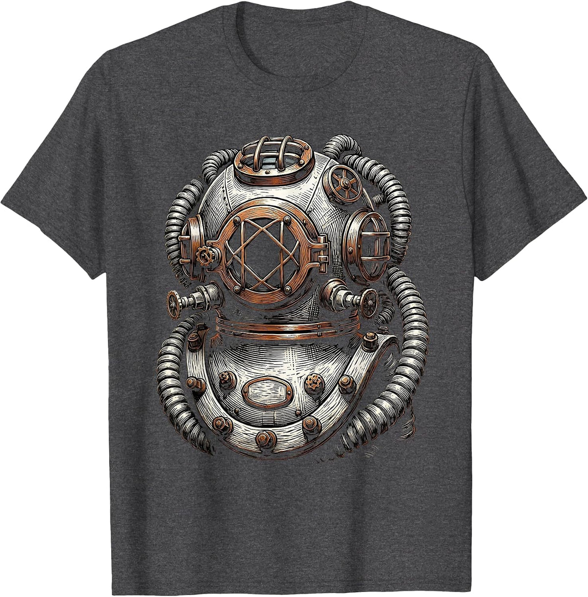 Steampunk Deep Sea Diver Helmet Copper Pipes Art T-Shirt - Dark Heather Grey