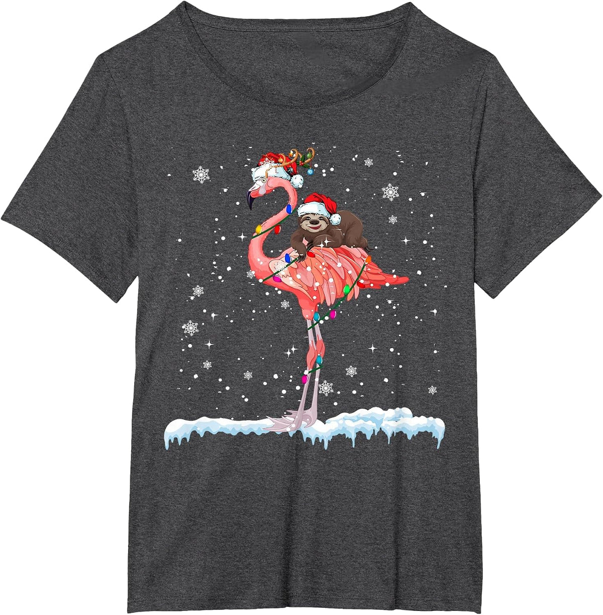 Santa Sloth Ridding Flamingo Reindeer Xmas Sloth Flamingo T-Shirt - Dark Heather Grey