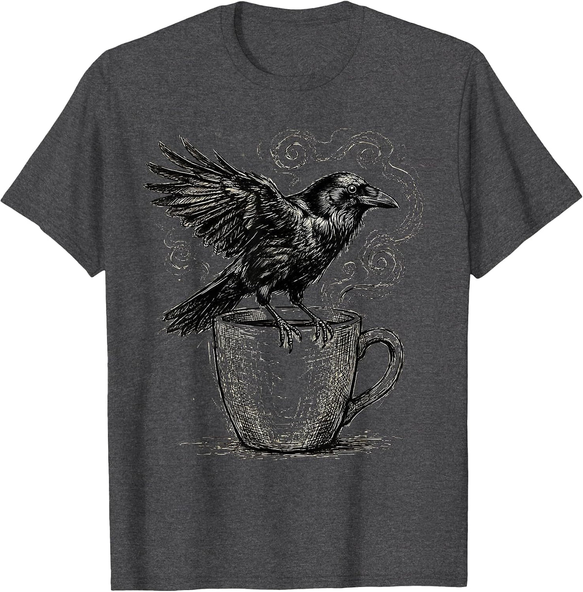 Crow Perched on Steaming Coffee Mug Illustration T-Shirt - Dark Heather Grey