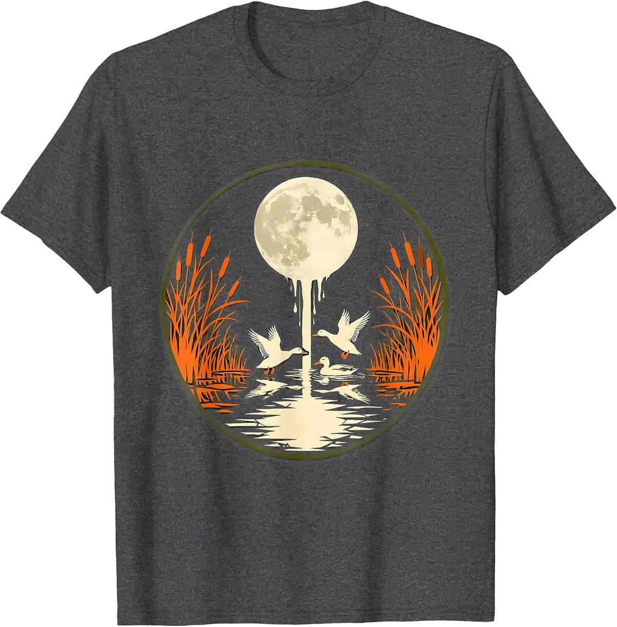 Full Moon Duck Marsh Camo Illustration T-Shirt - Dark Heather Grey