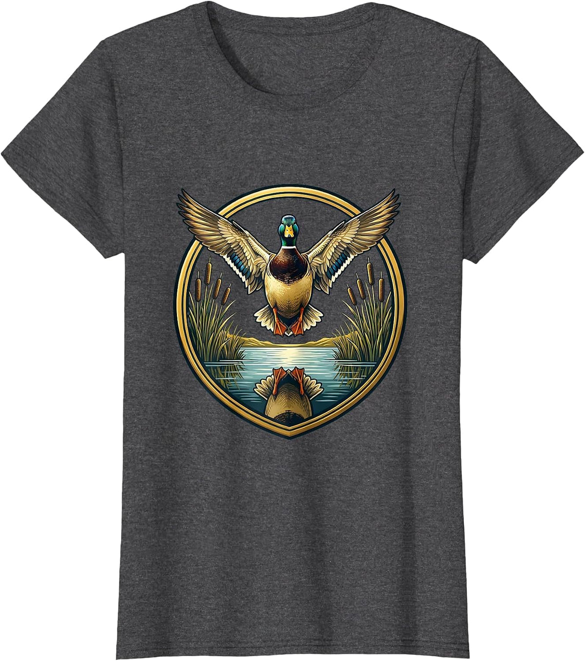 Women's Duck Flying Over Misty Marsh Reeds Illustration T-Shirt - Dark Heather Grey