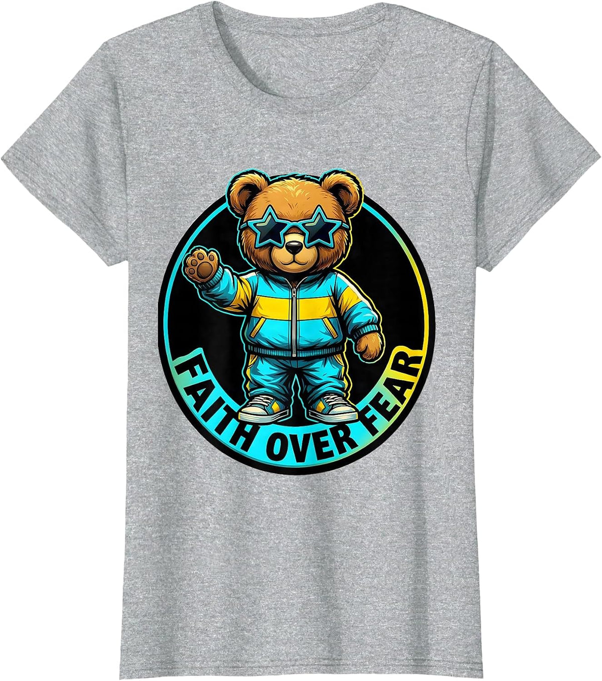 Women's Faith Over Fear Pop Art Teddy Bear Character Graphic T-Shirt - Heather Grey