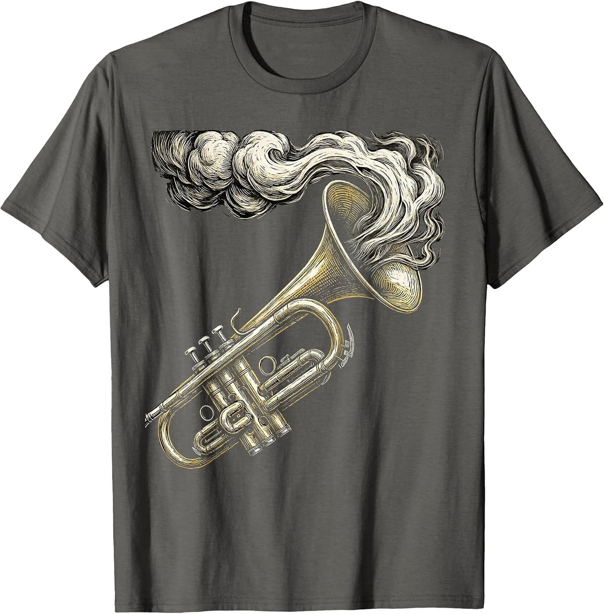 Trumpet With Smoke Curling From Bell Graphic T-Shirt - Asphalt Grey