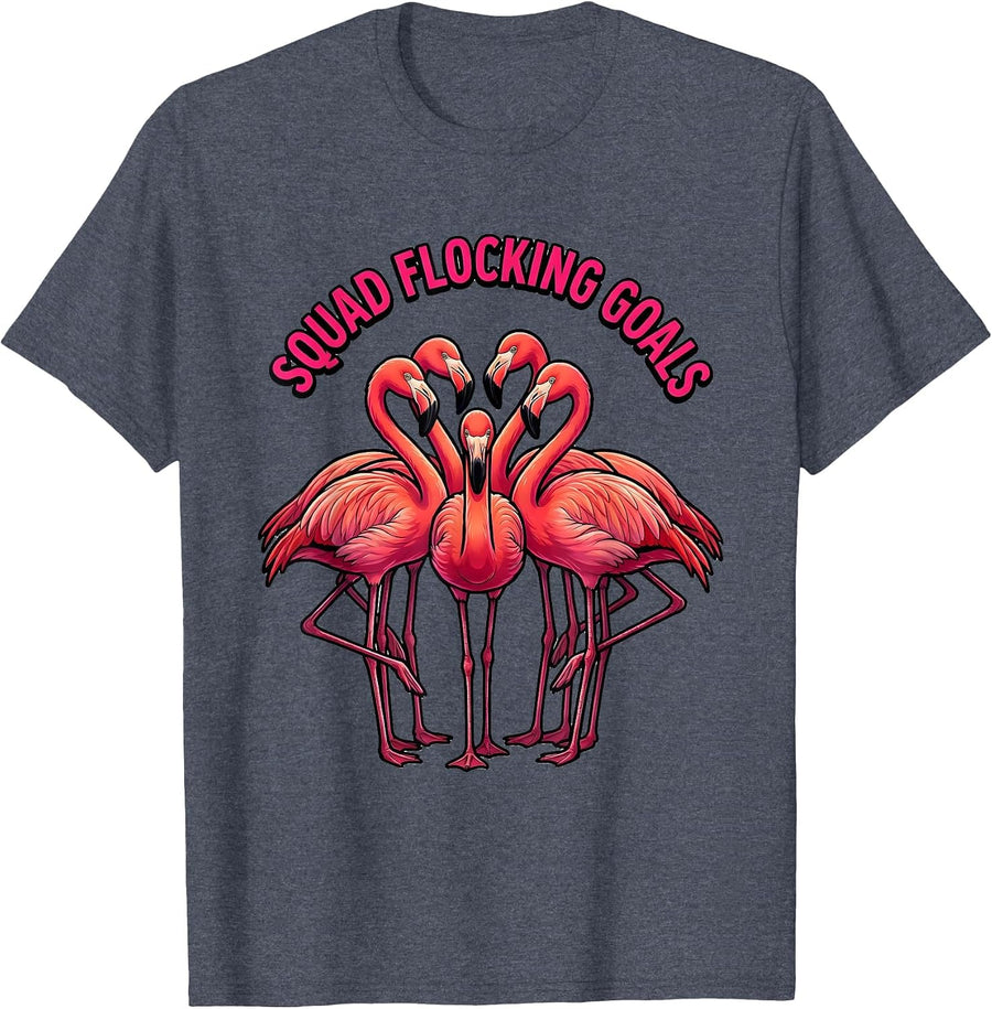 Squad Flocking Goals Bold Cartoon Pink Flamingo Group Humor T-Shirt - Heather Blue