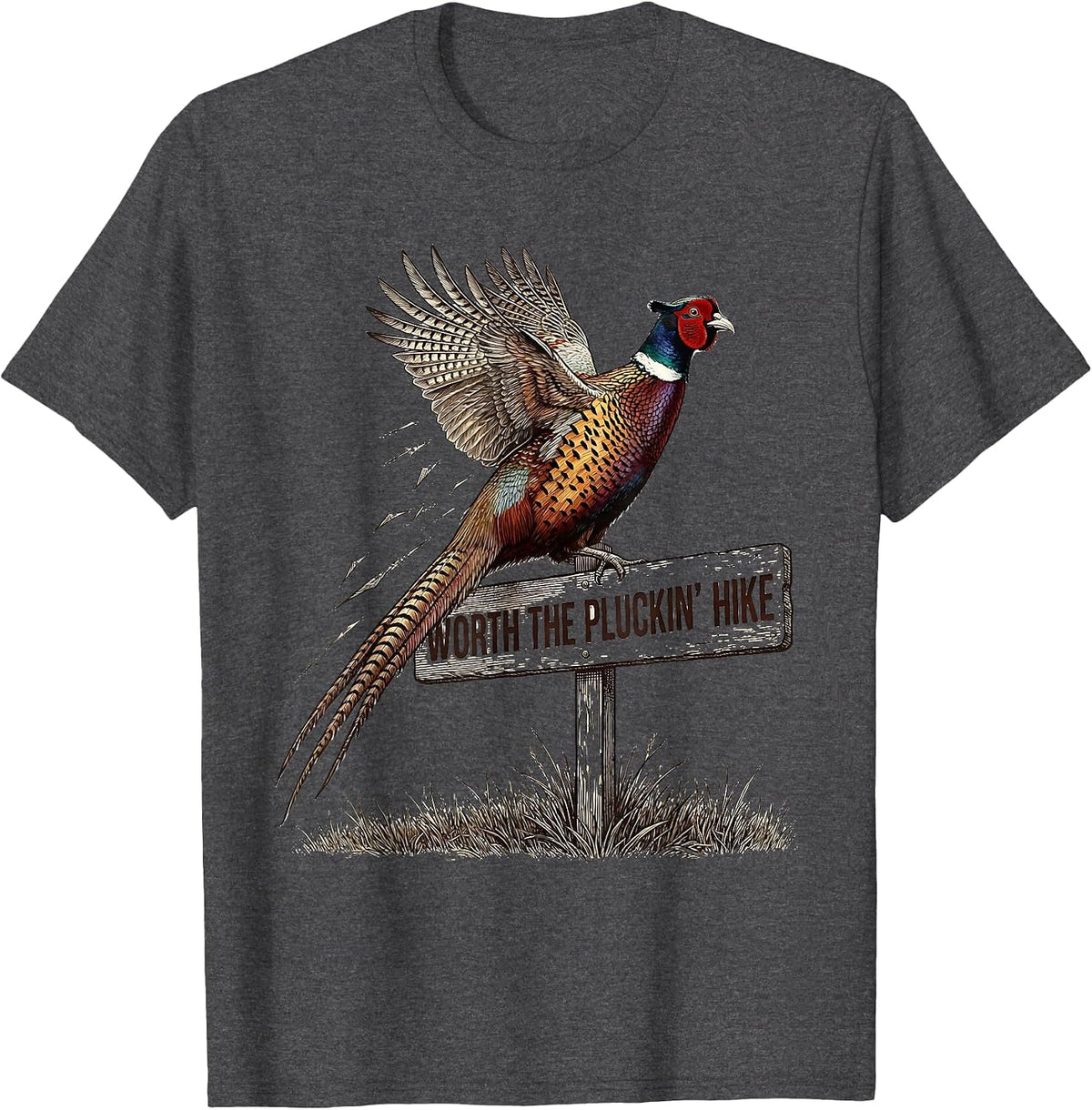 Worth The Pluckin' Hike Crosshatch Etching Pheasant Hunter T-Shirt - Dark Heather Grey