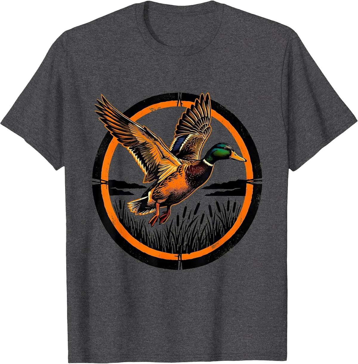 Men's Camo Duck Flying Over Marsh Reeds Illustration T-Shirt - Dark Heather Grey