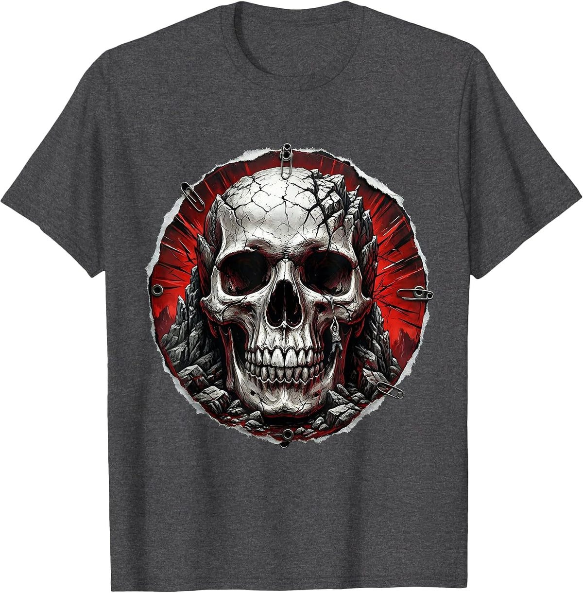Rock Climber Hanging From Giant Skull Cliff T-Shirt - Dark Heather Grey