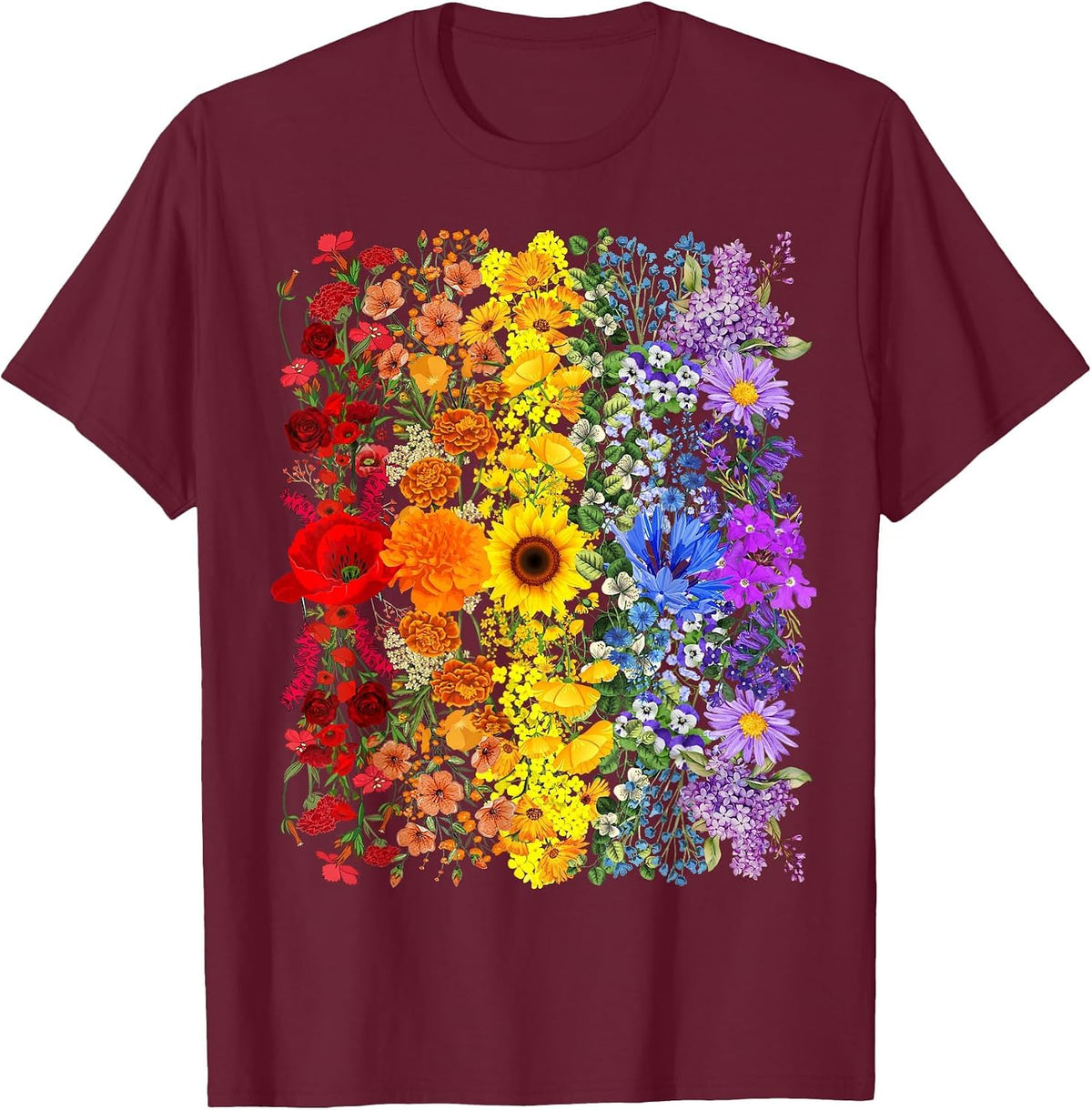 Rainbow Wildflowers Field Flowers LGBTQ Month Pride Month T-Shirt - Burgundy