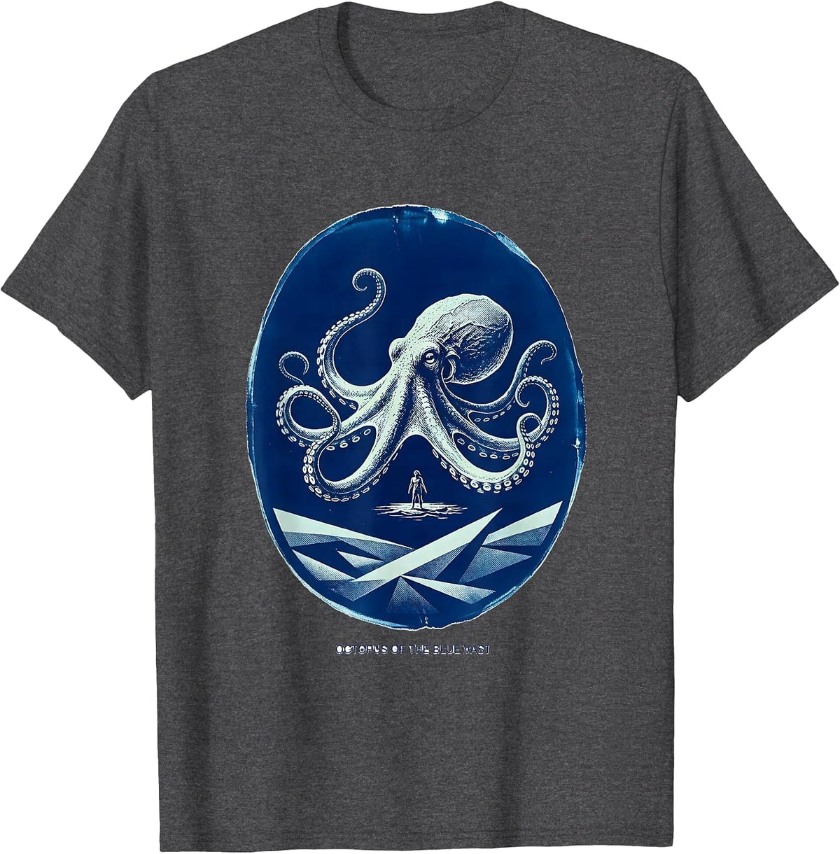 Octopus of the Blue Vast Cyanotype Ocean Animal Lover Art T-Shirt - Dark Heather Grey