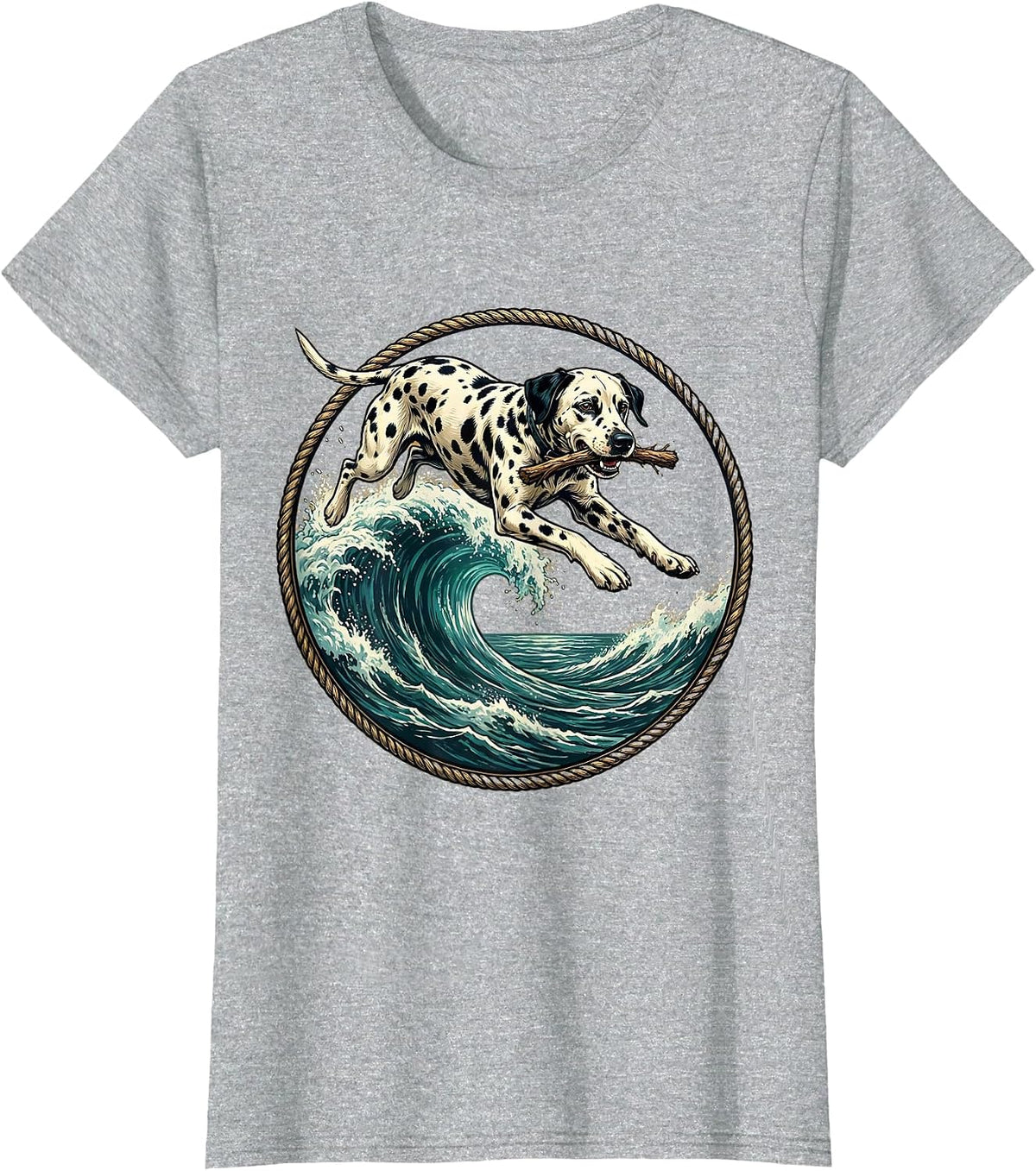 Dalmatian Fetching Stick Over Crashing Wave T-Shirt - Heather Grey