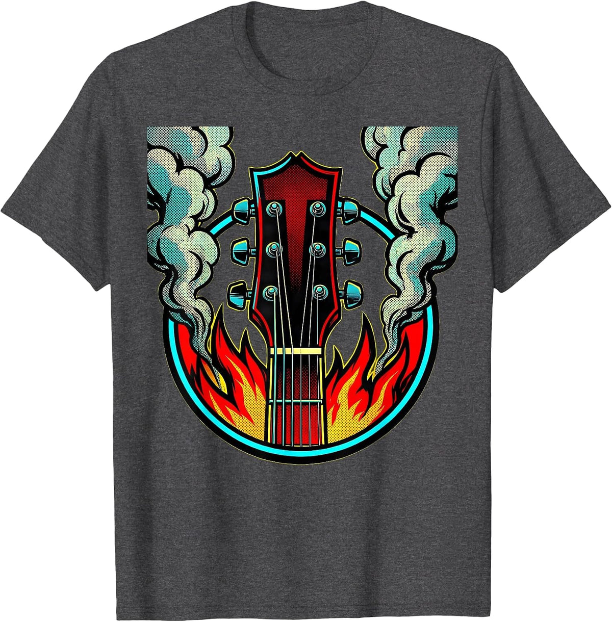Guitar Headstock Flames Rock Music Graphic T-Shirt - Dark Heather Grey