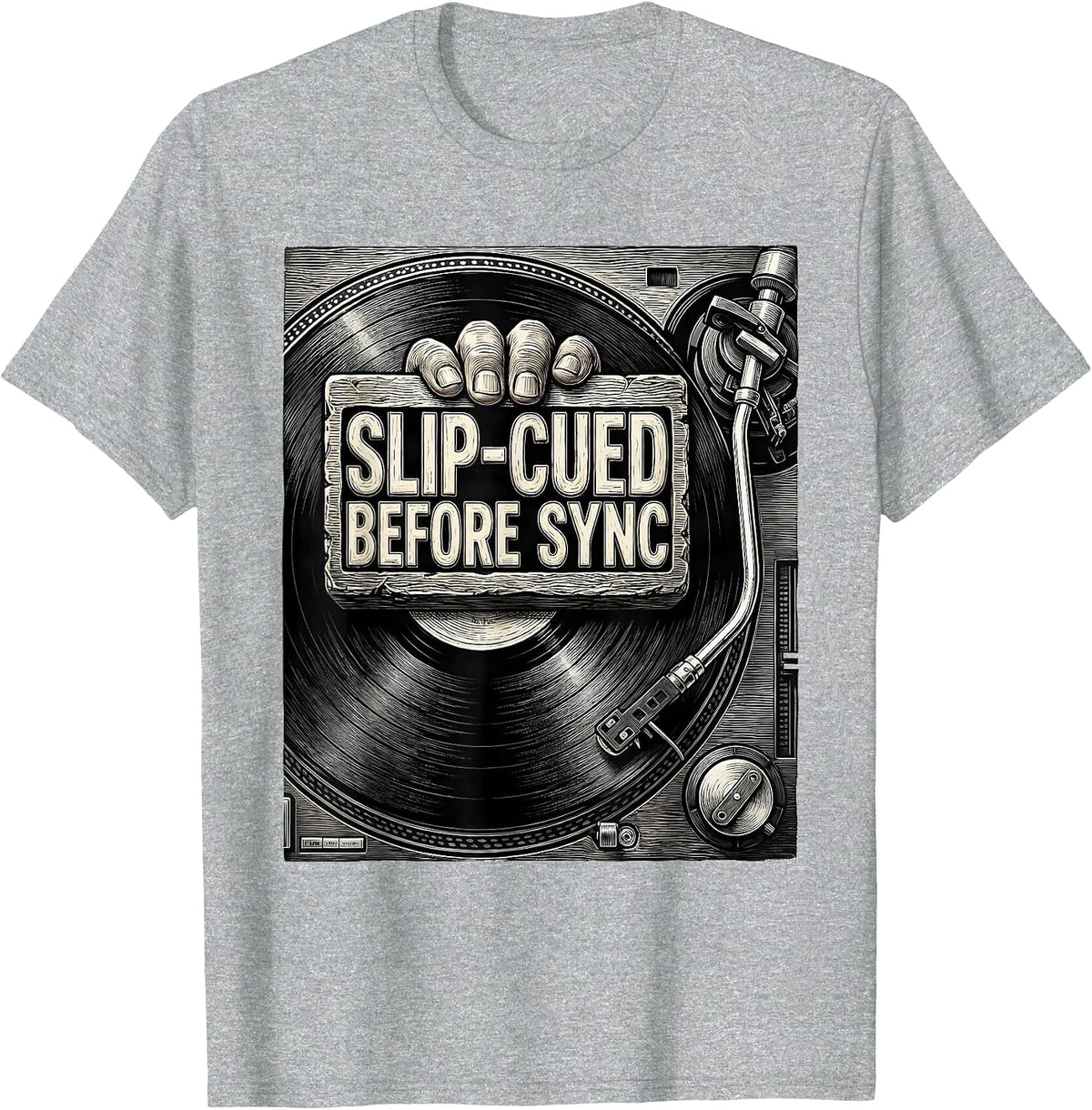 Men's Slip-Cued Before Sync Retro DJ Gift Vintage Electronic Music T-Shirt - Heather Grey