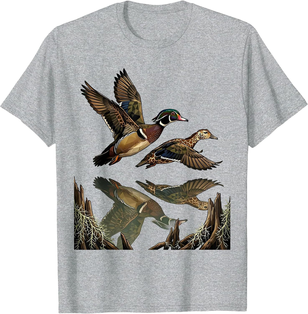 Men's Wood Duck Pair Bottomland Camo Waterfowl Design T-Shirt - Heather Grey