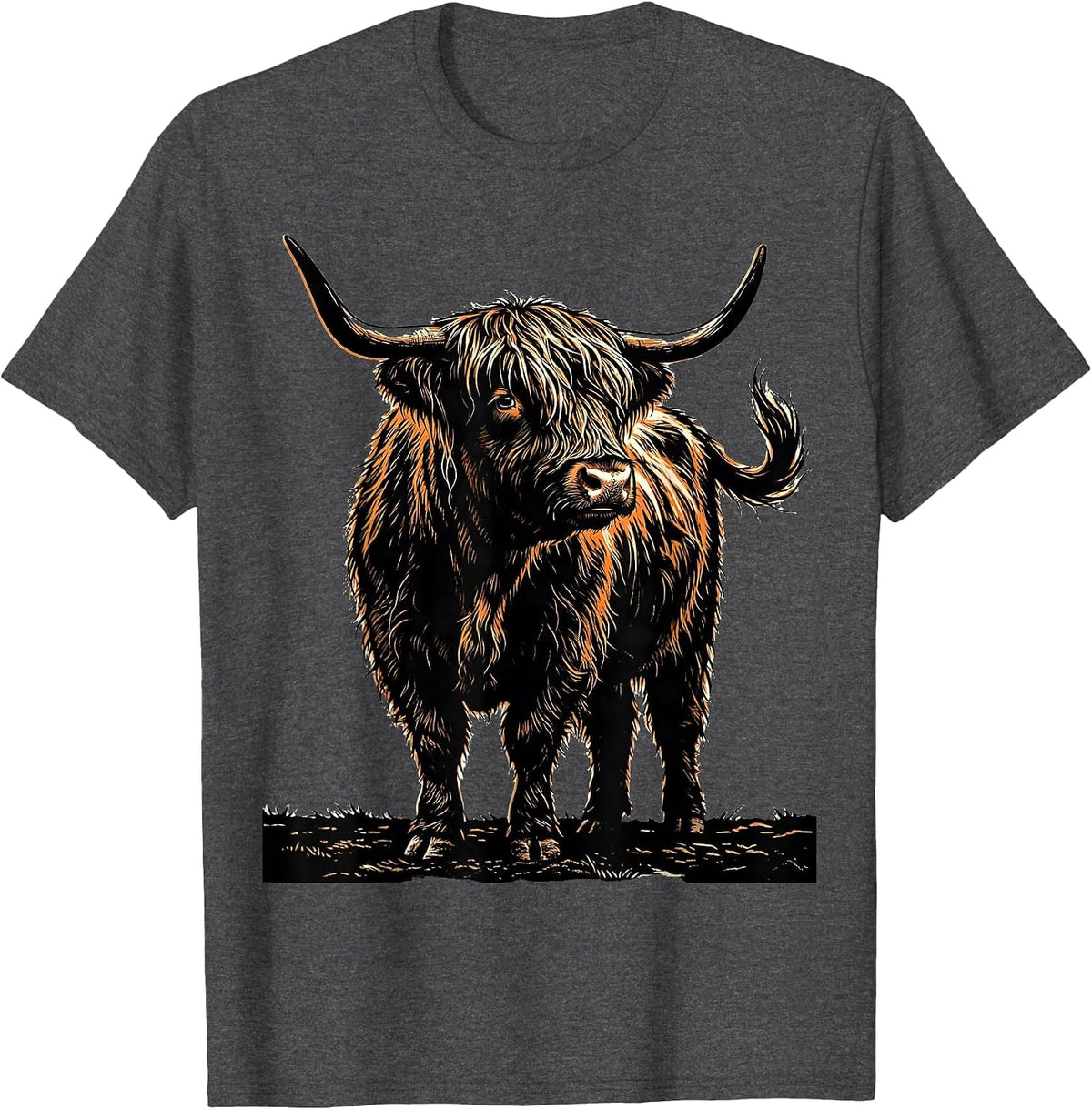Men's Highland Cow Stencil Farm Animal Humor T-Shirt - Dark Heather Grey