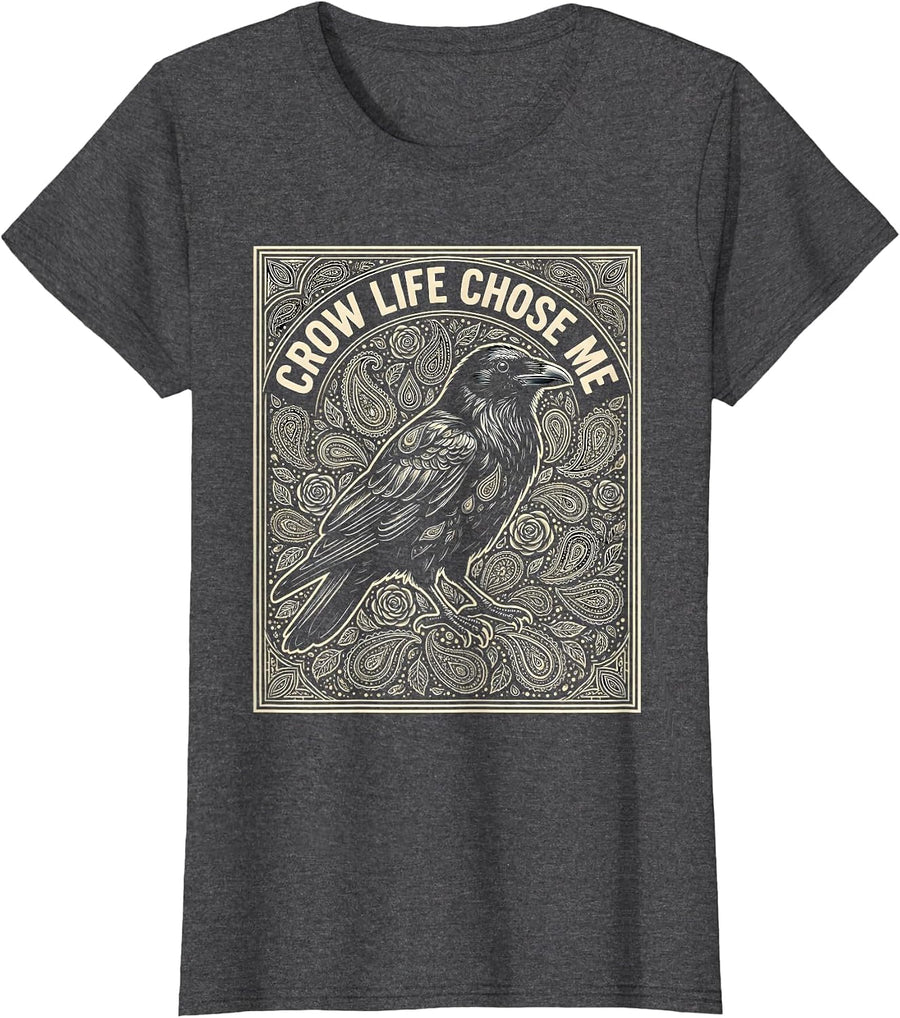 Women's Crow Life Chose Me Bold Crow Design T-Shirt - Dark Heather Grey