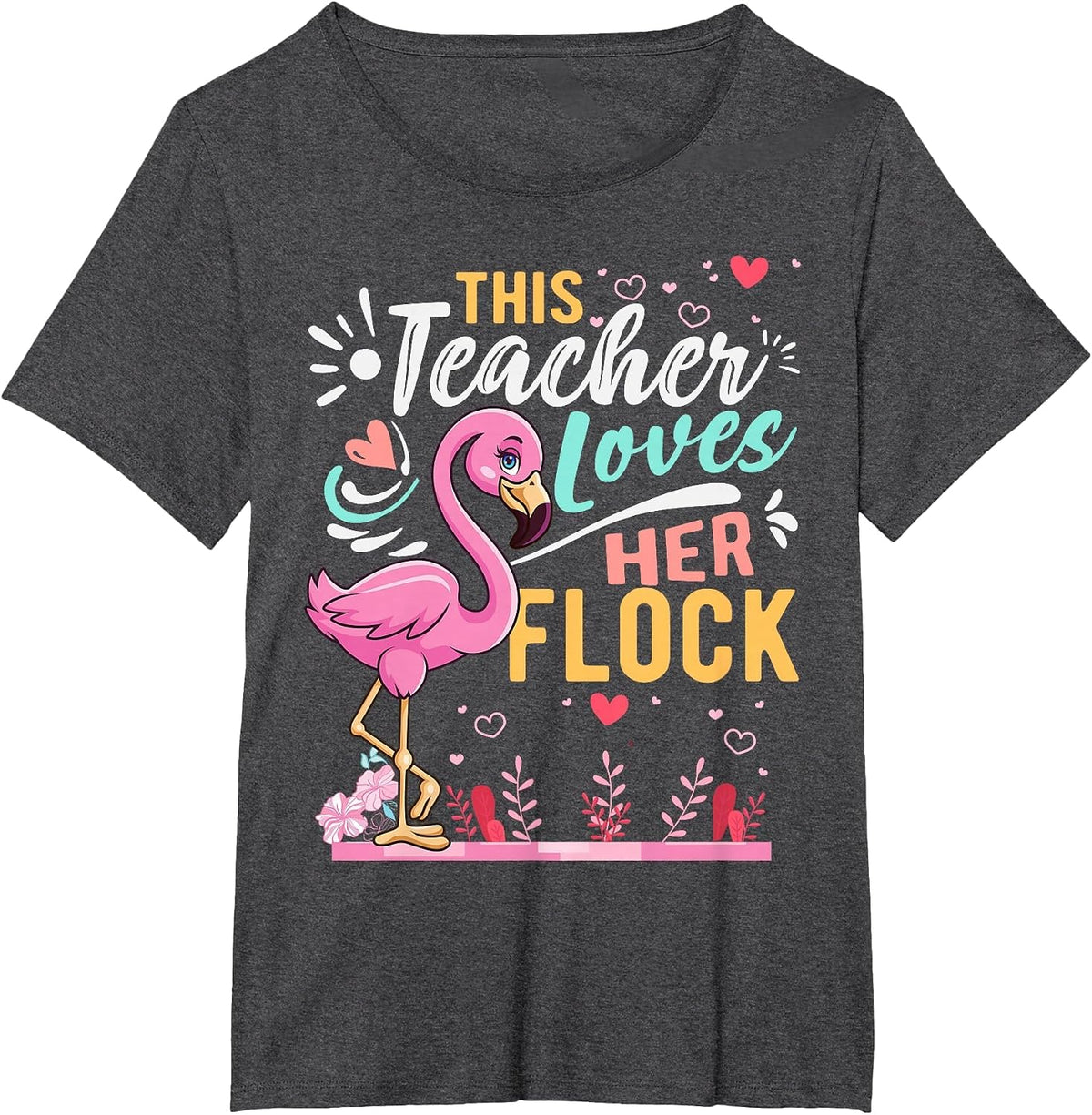 This Teacher Loves Her Flock Flamingo Teacher Back to School T-Shirt - Dark Heather Grey