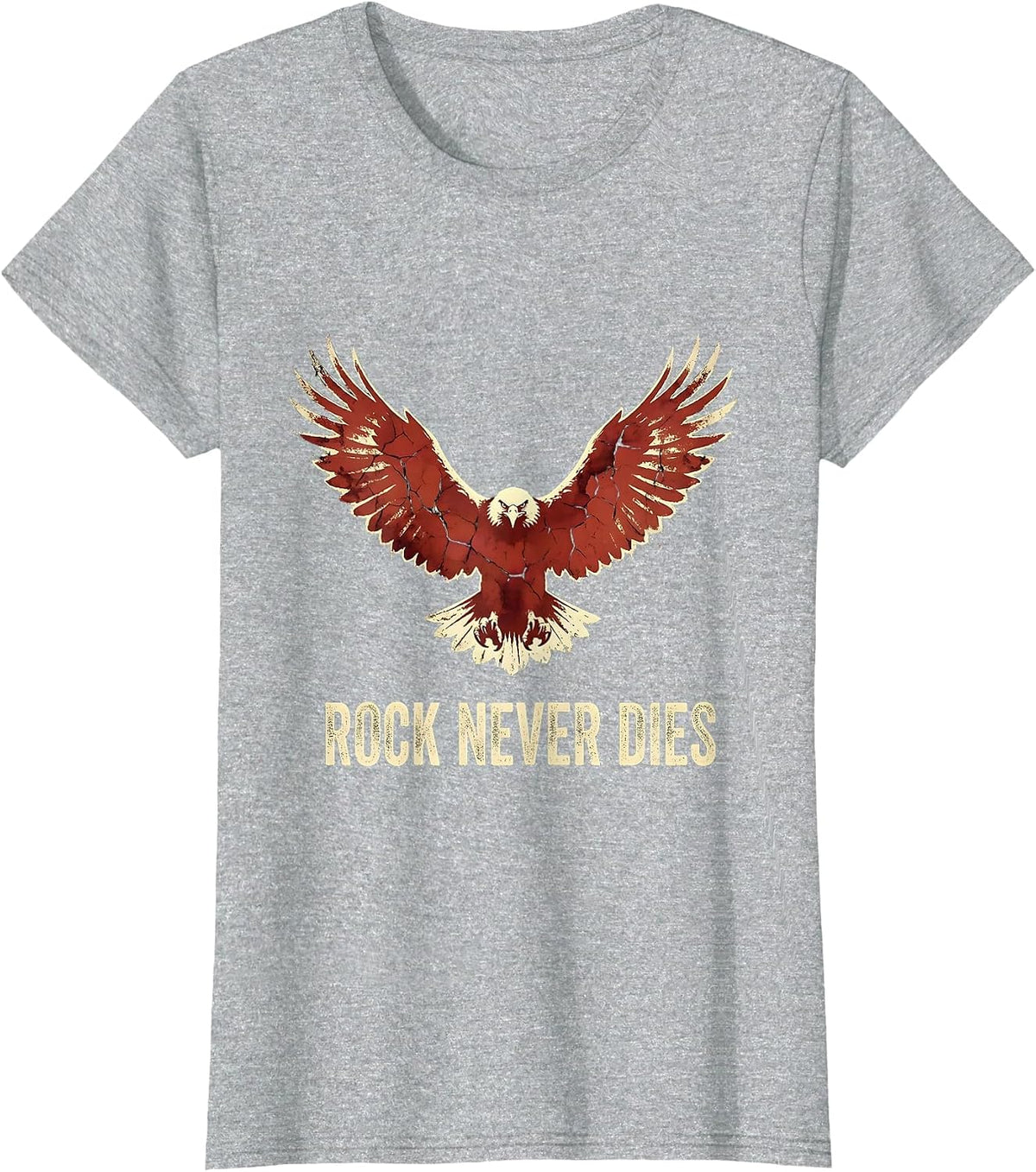 Rock Never Dies Bold Rock and Roll Graphic Design T-Shirt - Heather Grey