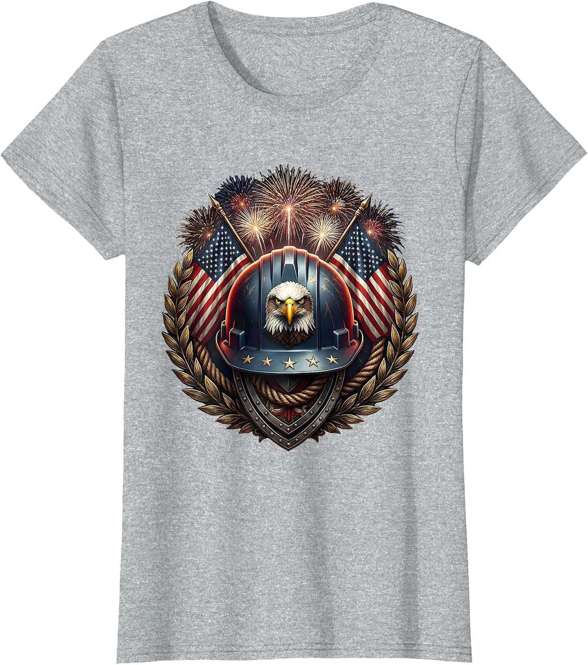 Stars and Stripes Hard Hat Labor Day Patriotic T-Shirt - Heather Grey