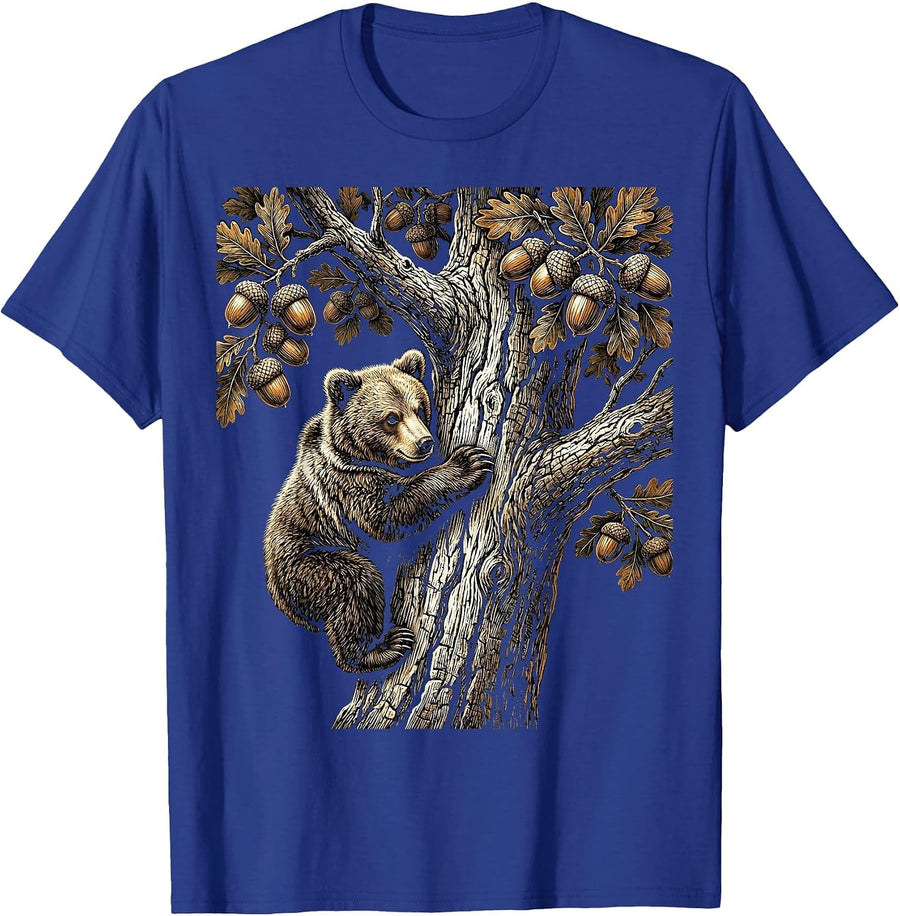 Bear Cub Climbing Oak Tree Nature Graphic T-Shirt - Royal Blue