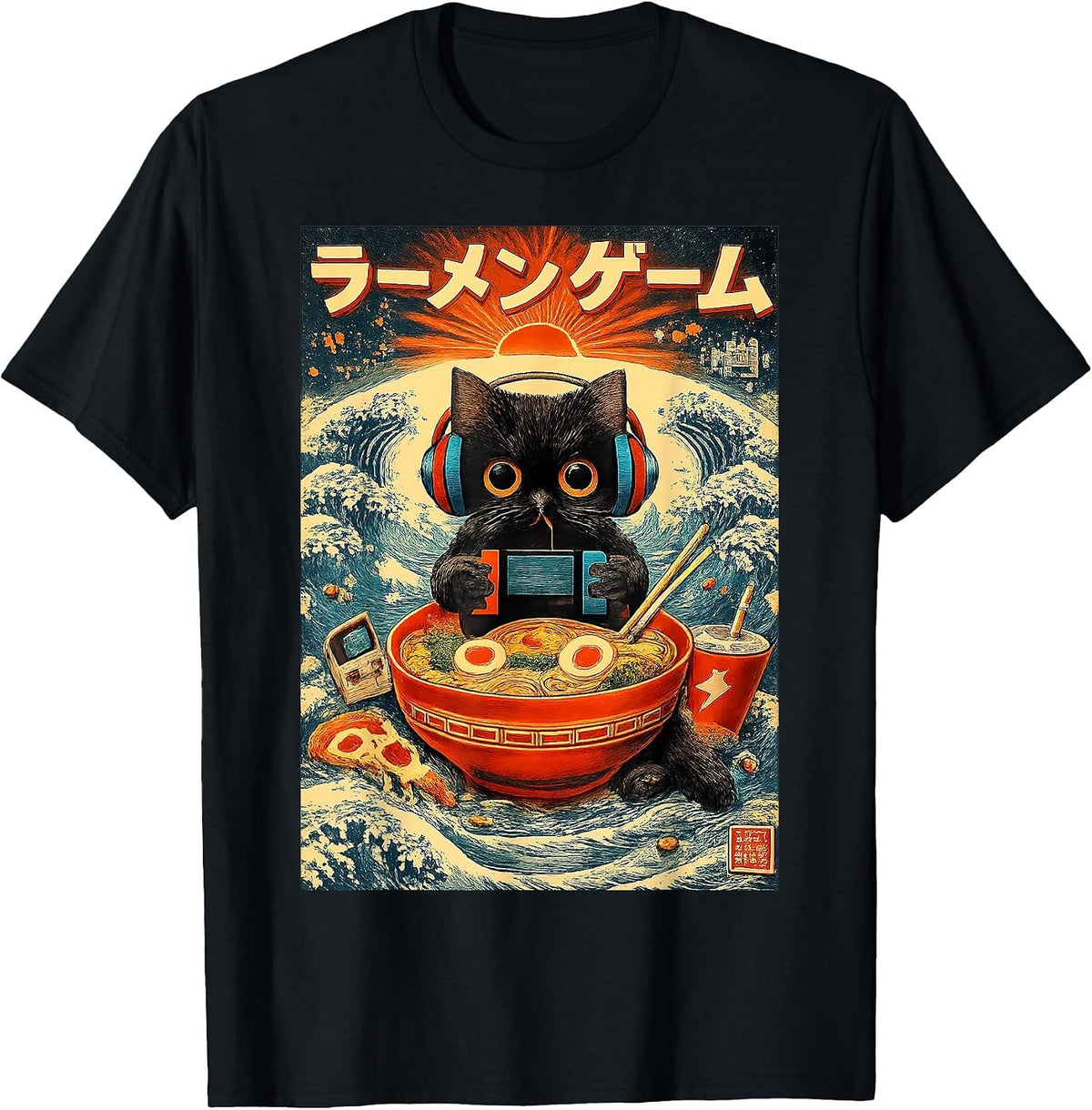 Ramen Gamer Cat Vintage Japanese Art Funny for Men Women Kid T-Shirt - Black