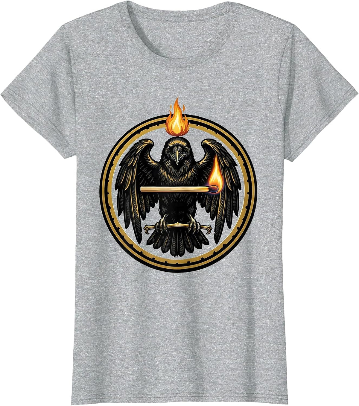 Women's Crow Carrying a Lit Matchstick Illustration T-Shirt - Heather Grey