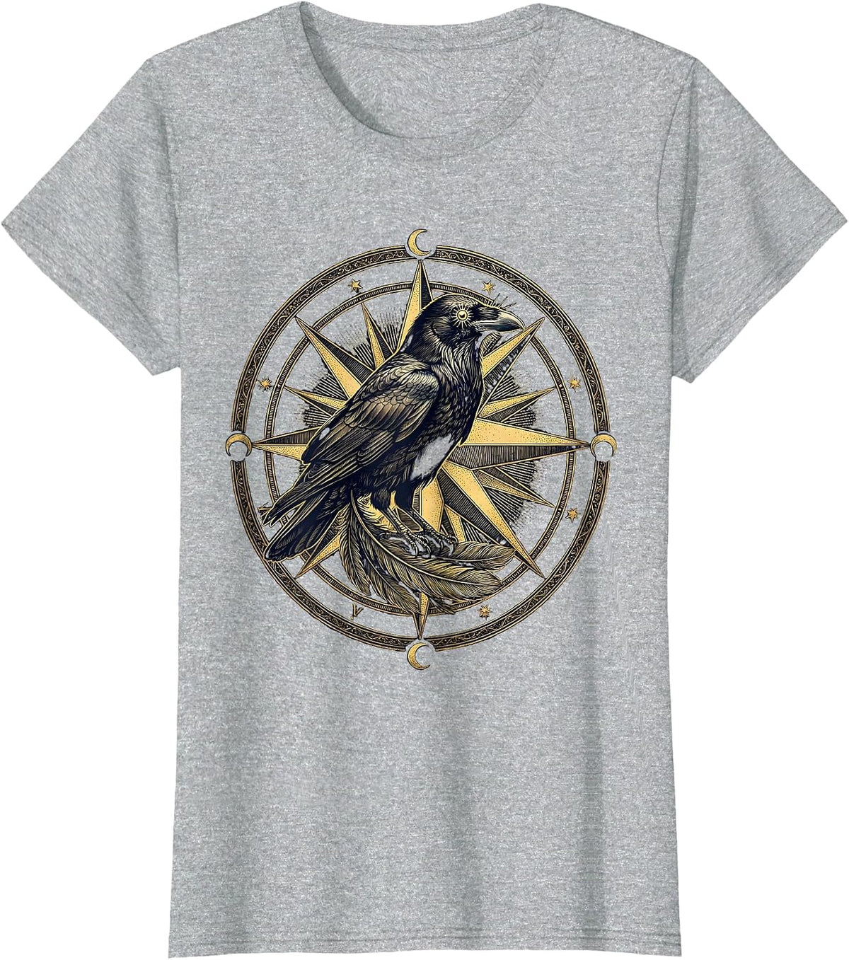 Crow on Vintage Compass Rose Illustration T-Shirt - Heather Grey