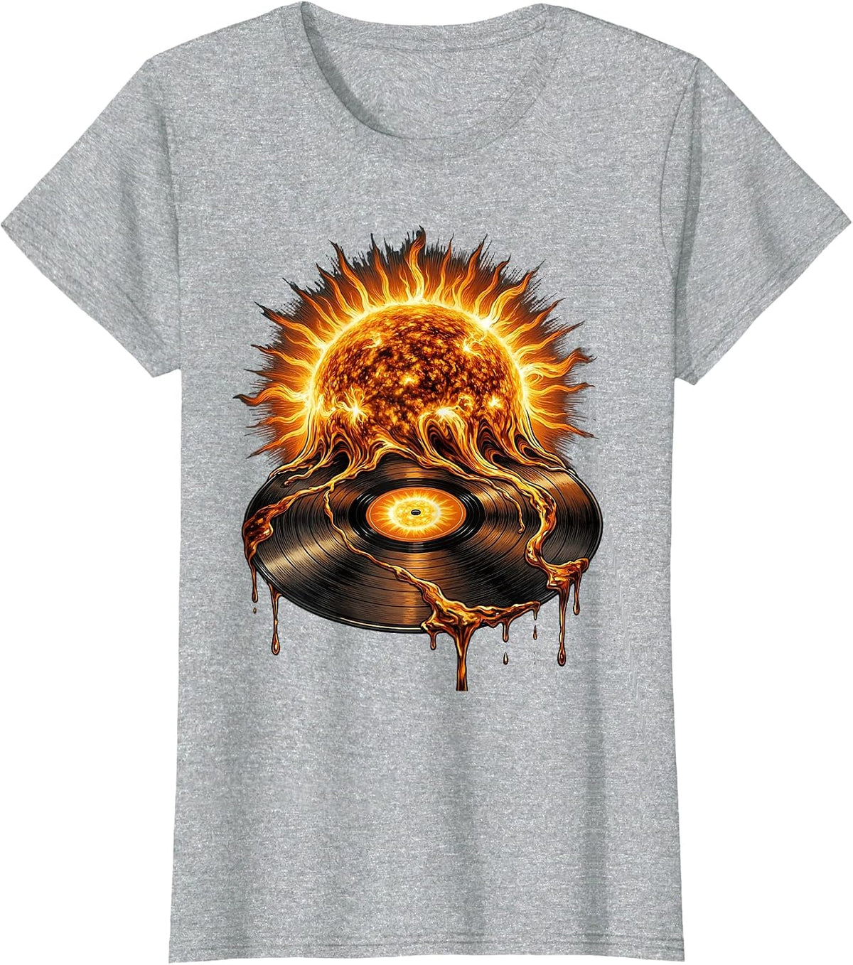 Sun Melting Into Vinyl Record Rock Music Graphic T-Shirt - Heather Grey