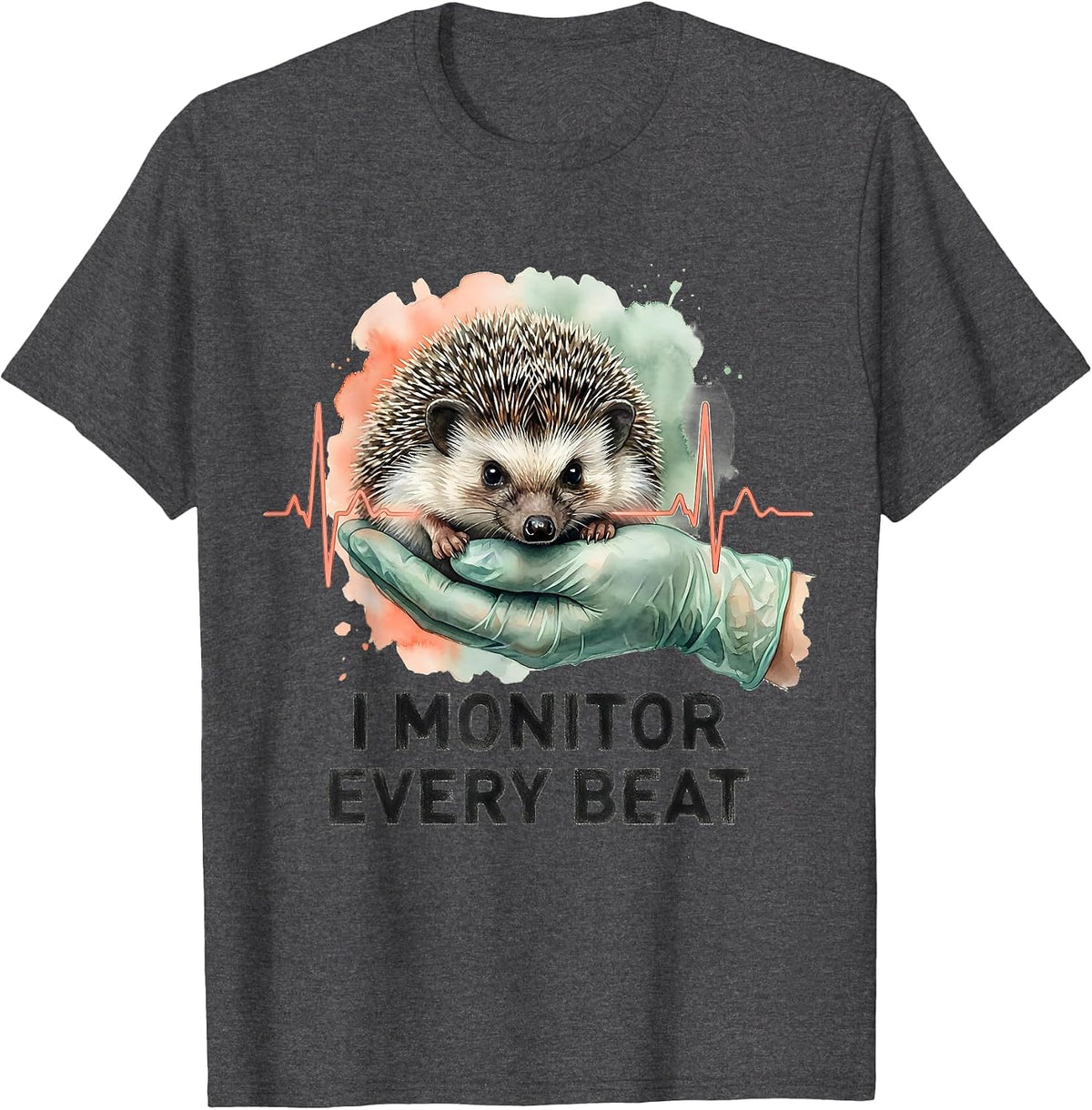 Men's I Monitor Every Beat Watercolor Vet Tech Veterinary Medicine T-Shirt - Dark Heather Grey
